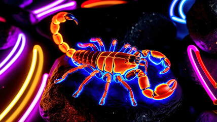 A neon colored scorpion is on a rock