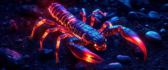 A glowing, fiery scorpion is on a rocky surface