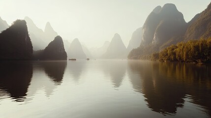 A tranquil image of the Li River and the iconic karst mountains, taken on a day with no boats or tourists, allowing the natural beauty of the area to shine.
