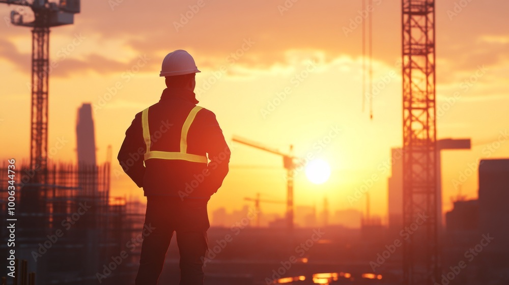 Aufkleber A sunset scene on a construction site with a site engineer standing confidently, looking over the progress made, symbolizing dedication and hard work in engineering.