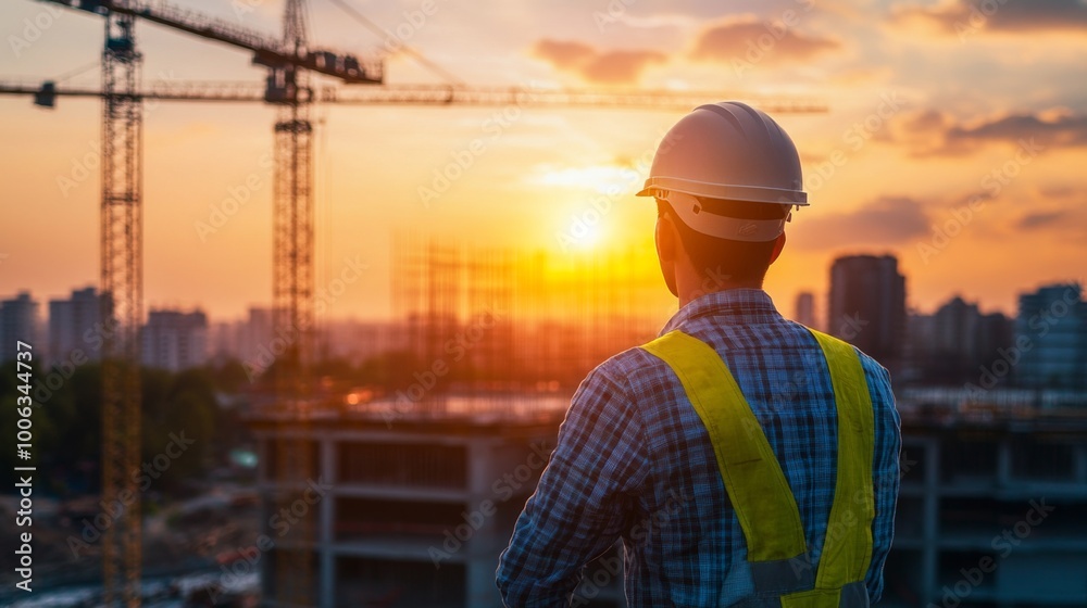 Poster A sunset scene on a construction site with a site engineer standing confidently, looking over the progress made, symbolizing dedication and hard work in engineering.