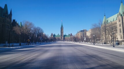 Obraz premium A view of the Parliament buildings in Ottawa, under clear skies, without crowds or people.
