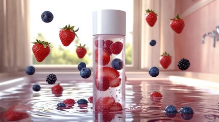 Berries swirl around a transparent bottle filled with water in a sunlit room