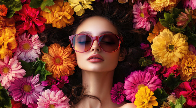 A beautiful woman wearing colorful sunglasses, with a vibrant background of abstract roses and colors. 