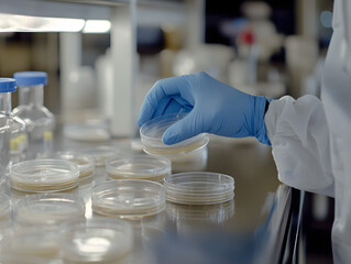 Scientist carefully transferring samples into Petri dishes