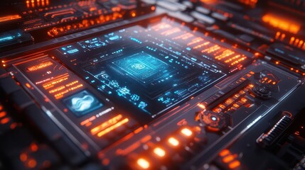 Obraz premium AI digital assistant with vibrant holographic interface, sleek design, dynamic lighting, high-tech atmosphere