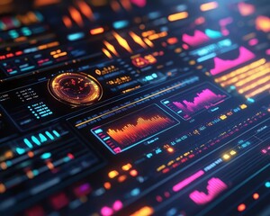 Obraz premium Big data analytics with dynamic graphs and charts, vibrant lighting, sleek design, high-tech atmosphere, photo-realism