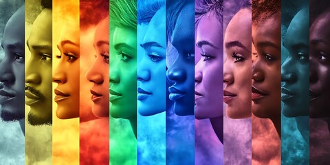 Obraz premium Collage of diverse face in different colors, LGBTQ concept.