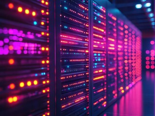 Big data center with vibrant servers and glowing lights, sleek modern design, soft lighting, high-tech atmosphere