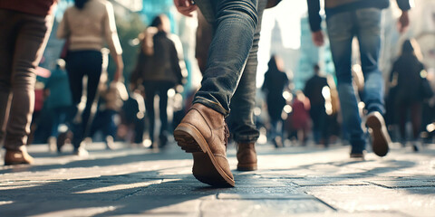 A busy city street with people walking and a man wearing brown shoes