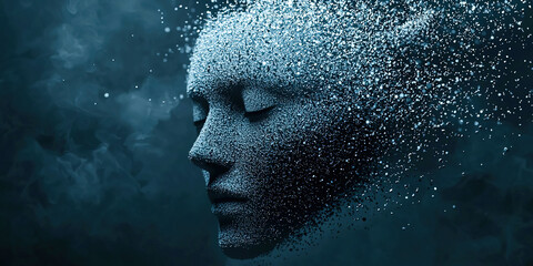 A face is shown in a blue background with a lot of white dots