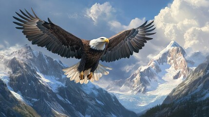 Fototapeta premium An elegant bald eagle soaring through the skies, wings fully spread, with majestic mountains in the background.