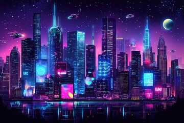 Fototapeta premium An isometric illustration of a sprawling futuristic city skyline at night.