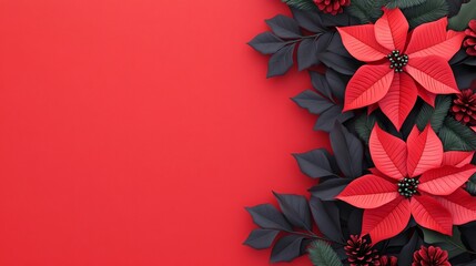 Red and black poinsettias arranged in a festive Christmas bouquet, 3D illustration.