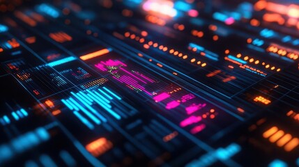 Fototapeta premium Data analytics with vibrant graphs and charts, sleek digital interface, soft lighting, futuristic style, high contrast