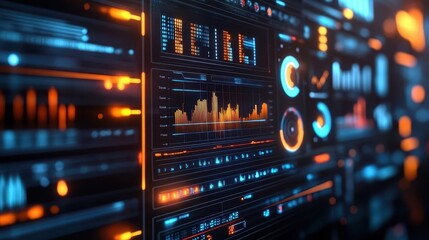 Obraz premium Data analytics with vibrant graphs and charts, sleek digital interface, soft lighting, futuristic style, high contrast