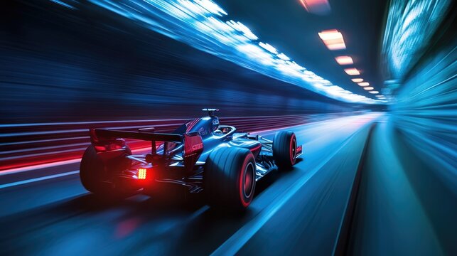 Formula One car zooming through Monacos tunnel section, bright lights reflecting on the car sleek body, with no crowd or drivers visible.