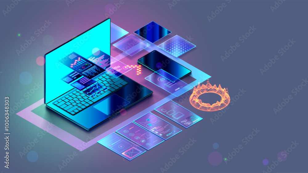 Aufkleber Web design, website create isometric concept. Software development, web design banner. Laptop, phone with website layout. Site development technology banner. Computer software development technology.