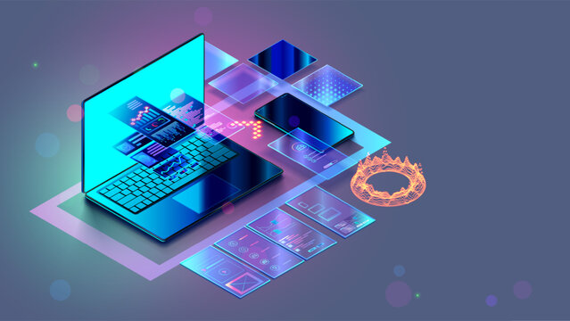 Web design, website create isometric concept. Software development, web design banner. Laptop, phone with website layout. Site development technology banner. Computer software development technology.