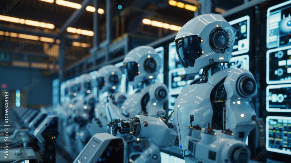 Poster A group of robots are standing in a factory