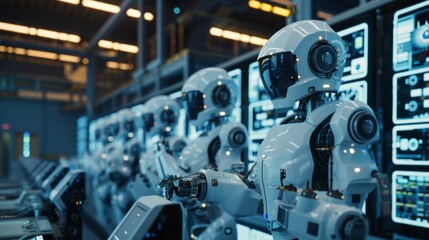 A group of robots are standing in a factory