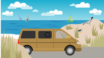 Flat illustration: Travelling to the sea on holiday in a camper van