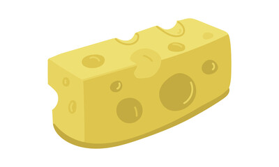 Maasdam. A large piece of hard yellow cheese with holes on a dark background. Vector illustration. Porous maasdam in a flat realistic style. Ideal for posters and banners, cafe menus and shops
