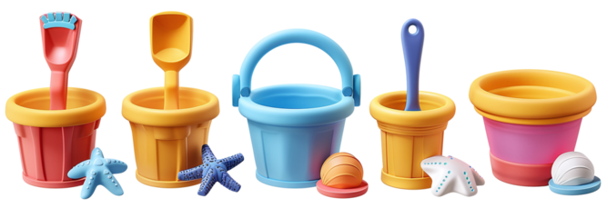 Collection of beach bucket 3d icons and objects, in cartoon style. On transparent background