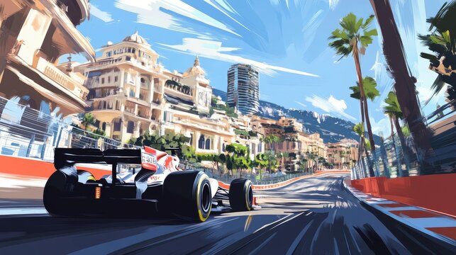 Side view of a Formula One car entering the famous Monaco chicane, the luxurious cityscape contrasting the thrilling speed.