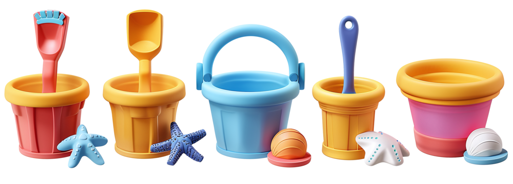 Collection of beach bucket 3d icons and objects, in cartoon style. On transparent background