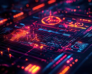 Growth strategy planning with dynamic graphs and flowcharts, soft lighting, vibrant colors, futuristic design