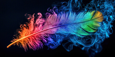 Obraz premium A colorful feather is shown in the middle of a blue smoke