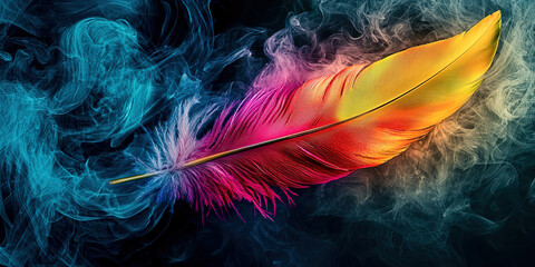 Obraz premium A colorful feather is suspended in the air above a blue and purple background