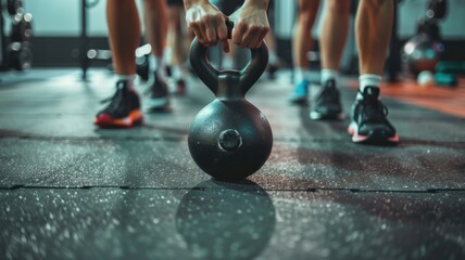 Man performing kettlebell workout in a gym, Man performing kettlebell workout in a gym