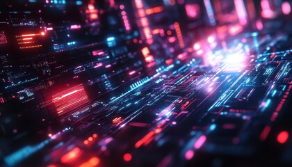 Fototapeta premium Machine learning visualization with vibrant data points, sleek digital interface, futuristic lighting, high-tech atmosphere