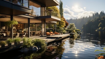 Obraz premium Modern Lakefront Residence with Expansive Windows Offering Panoramic Views of Serene Water and Lush Foliage