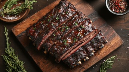 delicious Texas barbecue featuring baked beef brisket on ribs with a dark, smoky crust, a slow-cooked and savory delight for BBQ lovers