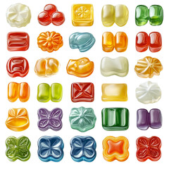 Colorful assortment of gummy candies, white isolate background