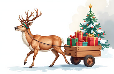 Watercolor, reindeer pulling a wooden cart filled with Christmas presents. Christmas tree, white background, vintage watercolor painting of happiness