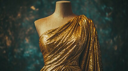 Obraz premium Elegant gold evening gown displayed on a mannequin.