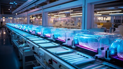 Fototapeta premium A series of translucent containers glide along a conveyor belt illuminated by a blue glow, creating a futuristic, sterile atmosphere.