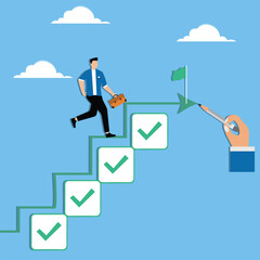 Probationary period, employee evaluation to provide feedback and make decision about promotion, raise or termination concept, Businessman walking up stair of check boxes for assessment