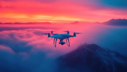 Photography drone flying over a vibrant landscape, dynamic motion, soft lighting, sleek design, high-tech atmosphere