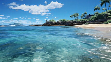 Fototapeta premium Crystal-Clear Waters Lapping on a Sandy Shore with Palm Trees Swaying in the Gentle Breeze