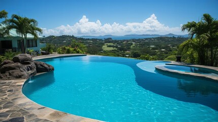 Fototapeta premium Serene Infinity Pool Overlooking a Verdant Landscape with a Glimpse of Blue Waters in the Distance
