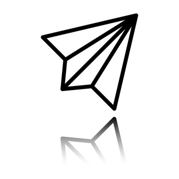 Paper airplane simple icon vector. Flat design. Black icon with mirror reflection. White background