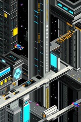 Obraz premium An isometric illustration of a sprawling futuristic city skyline at night.