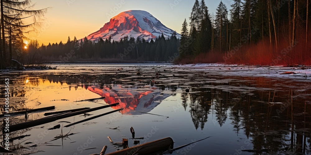 Wall mural A mountain peak painted with the hues of twilight, reflected in the still waters of a quiet lake, surrounded by a ring of dark, imposing pines.