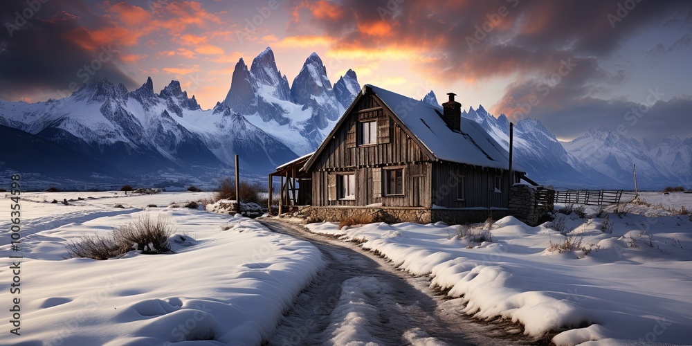 Wall mural A solitary wooden cabin nestled amidst snow-covered peaks, illuminated by a vibrant sunrise casting long shadows across the frozen landscape.