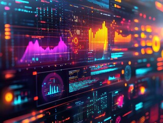 Obraz premium Startup pitch presentation with dynamic graphs and charts, vibrant colors, sleek design, high energy, digital illustration